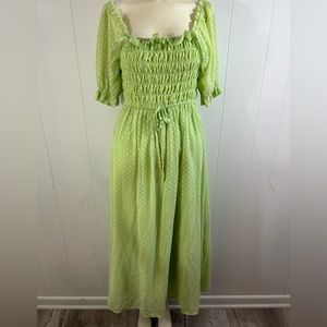 Indigo Rose women’s size L lime green polkadot dress. Ruffles, puffy sleeves. LG